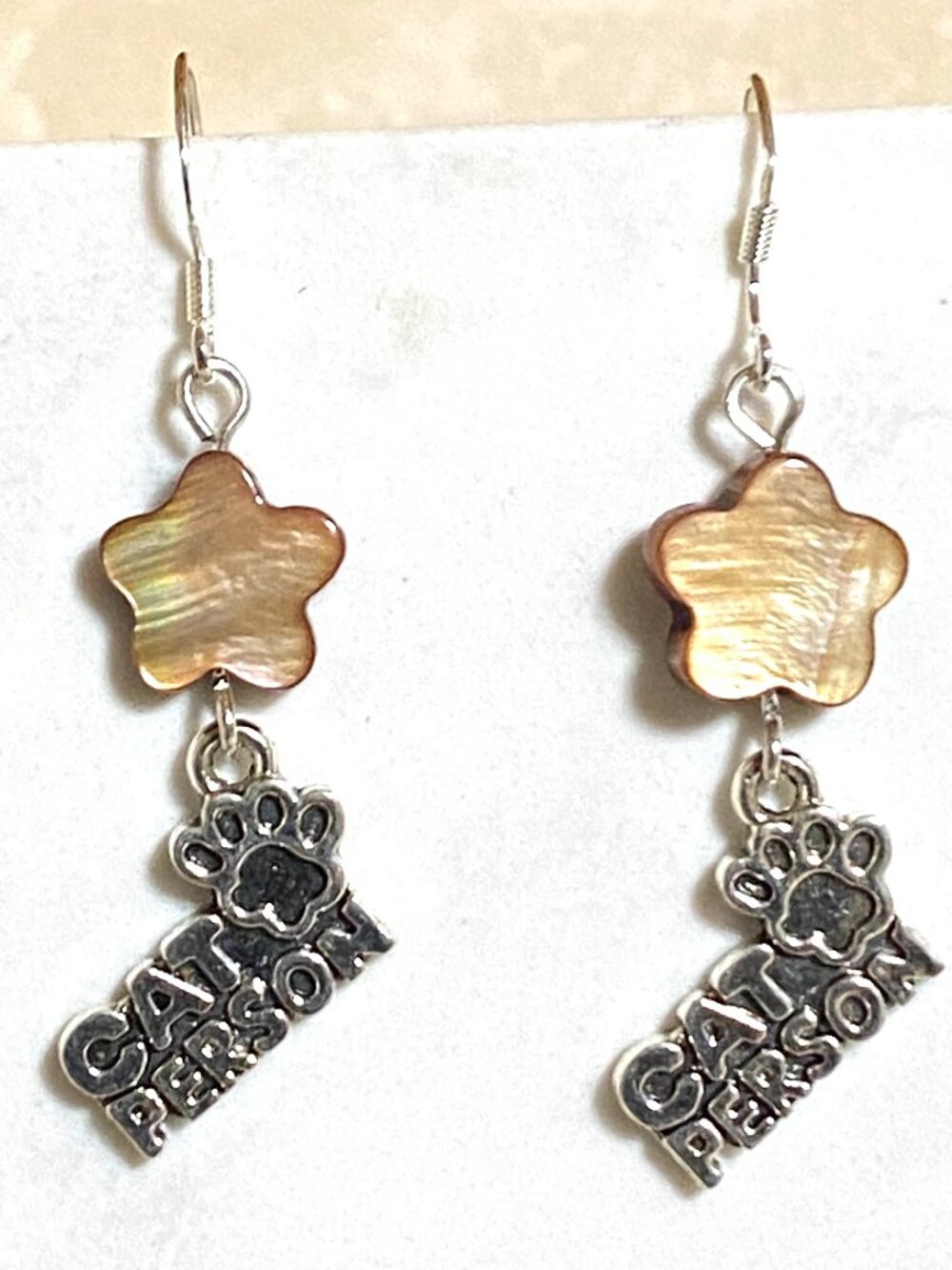 2/$20, Dark Mother of Pearl Flower & Cat Person Earrings w/ Sterling Silver Hook